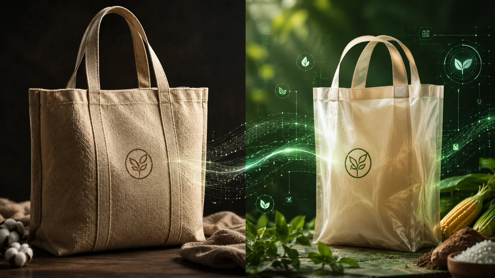 A conceptual comparison of traditional heavy-duty canvas and futuristic biodegradable PLA packaging.