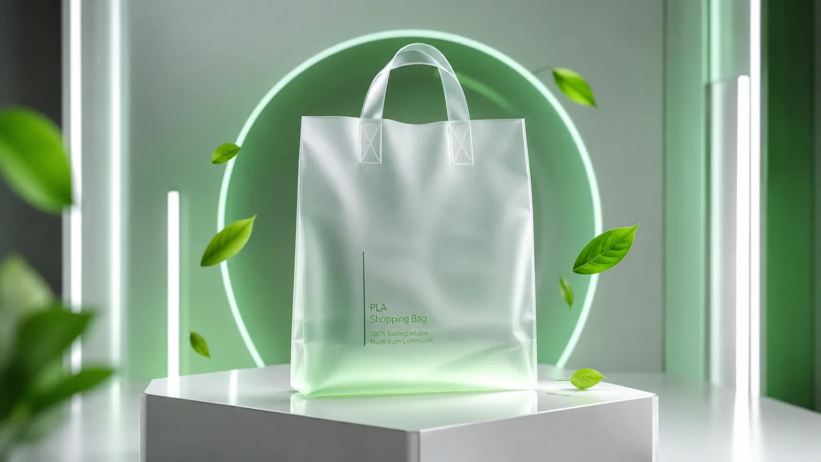 A futuristic, eco-friendly custom PLA bag glowing slightly in a modern, sustainable retail environment.
