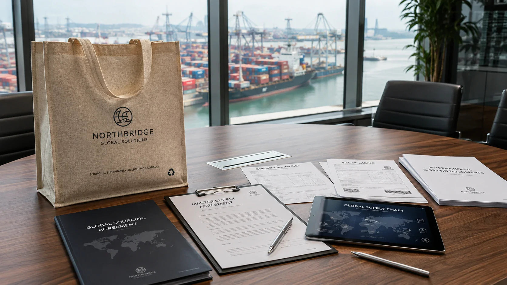 A high-level B2B sourcing environment displaying global shipping documents and a custom printed recycled tote bag.