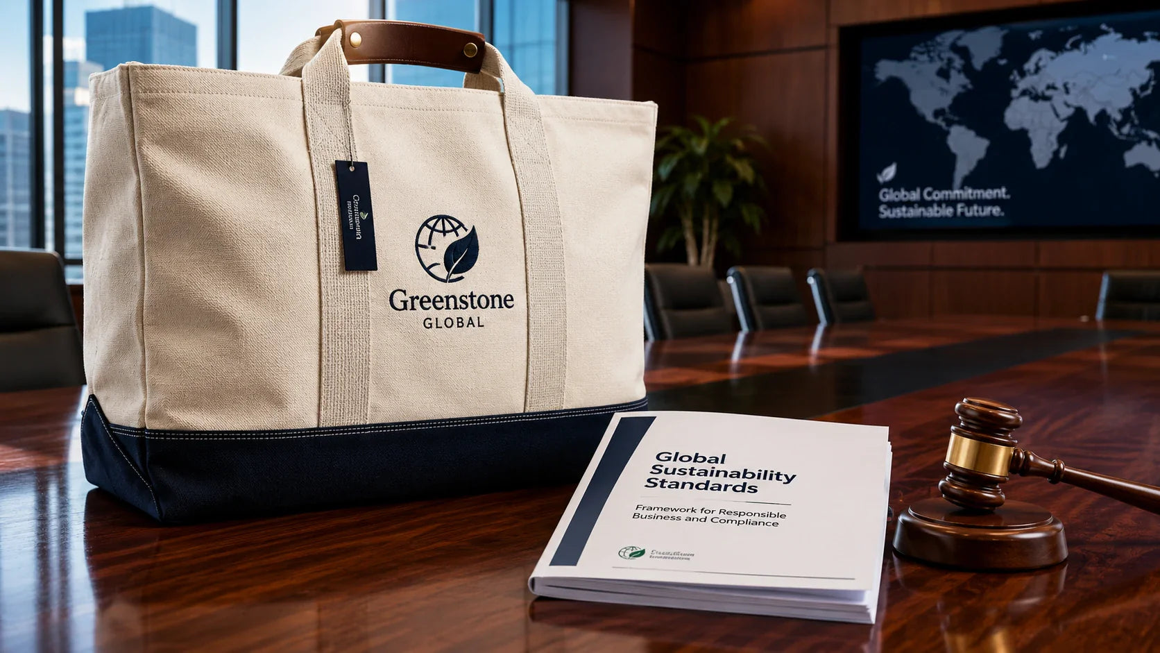 A premium custom canvas tote bag resting on a boardroom table next to global sustainability compliance documents.