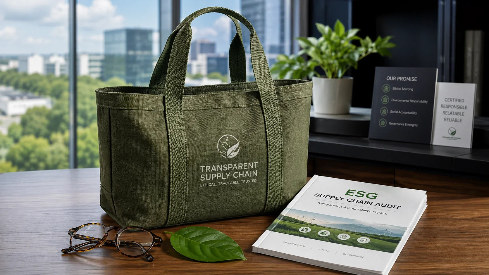 A heavy-duty custom canvas tote bag resting on a desk next to an ESG supply chain audit report.