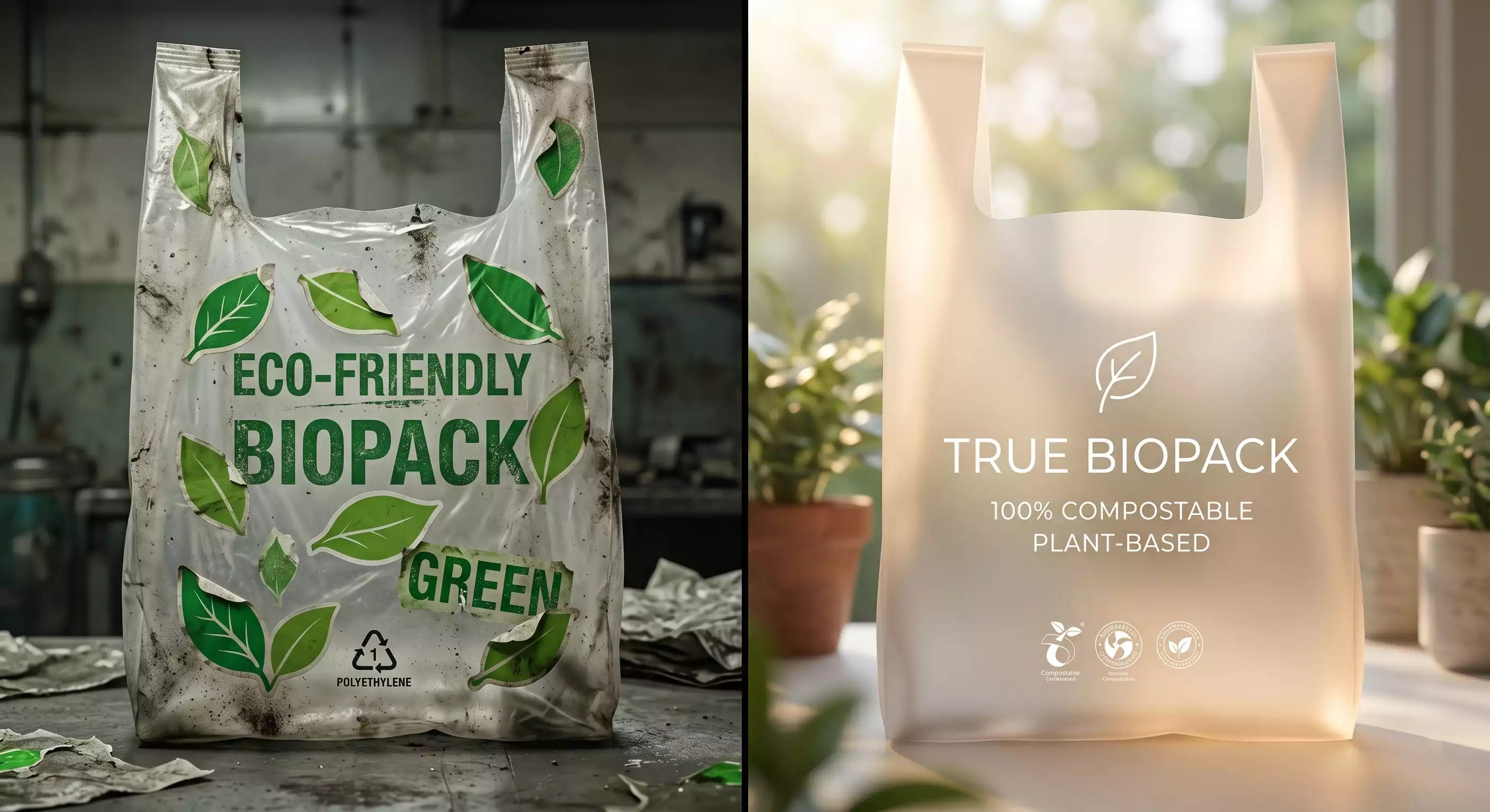 Concept showing the difference between fake greenwashing and authentic eco-friendly packaging.