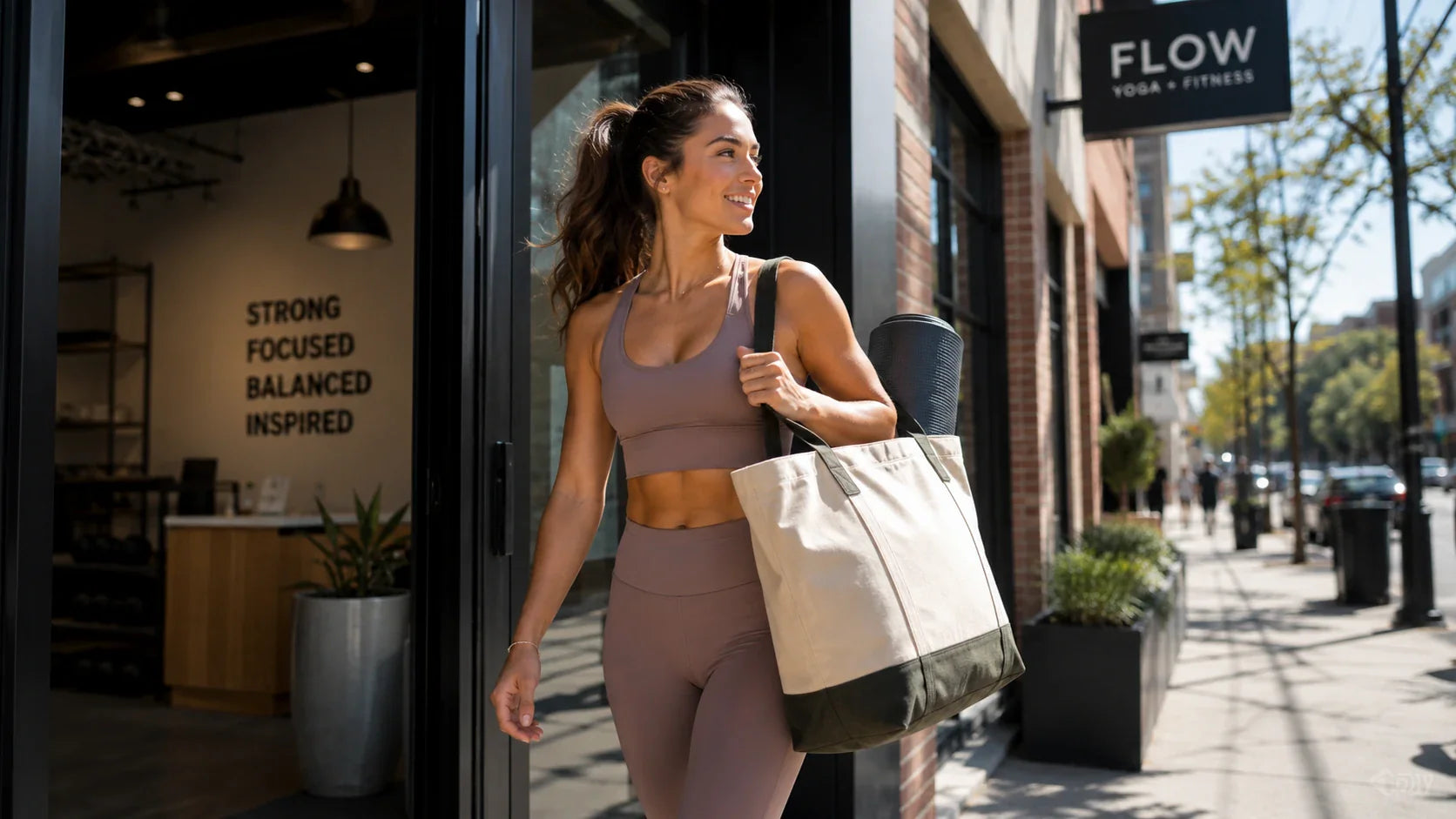 Fit woman carrying premium Tote Bags Custom Logo after a gym workout.