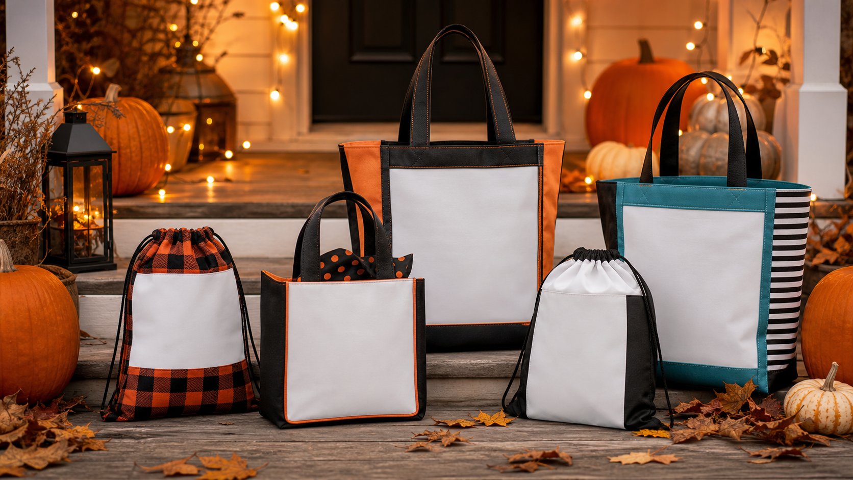 Custom Halloween bags arranged with pumpkins on a warm autumn porch
