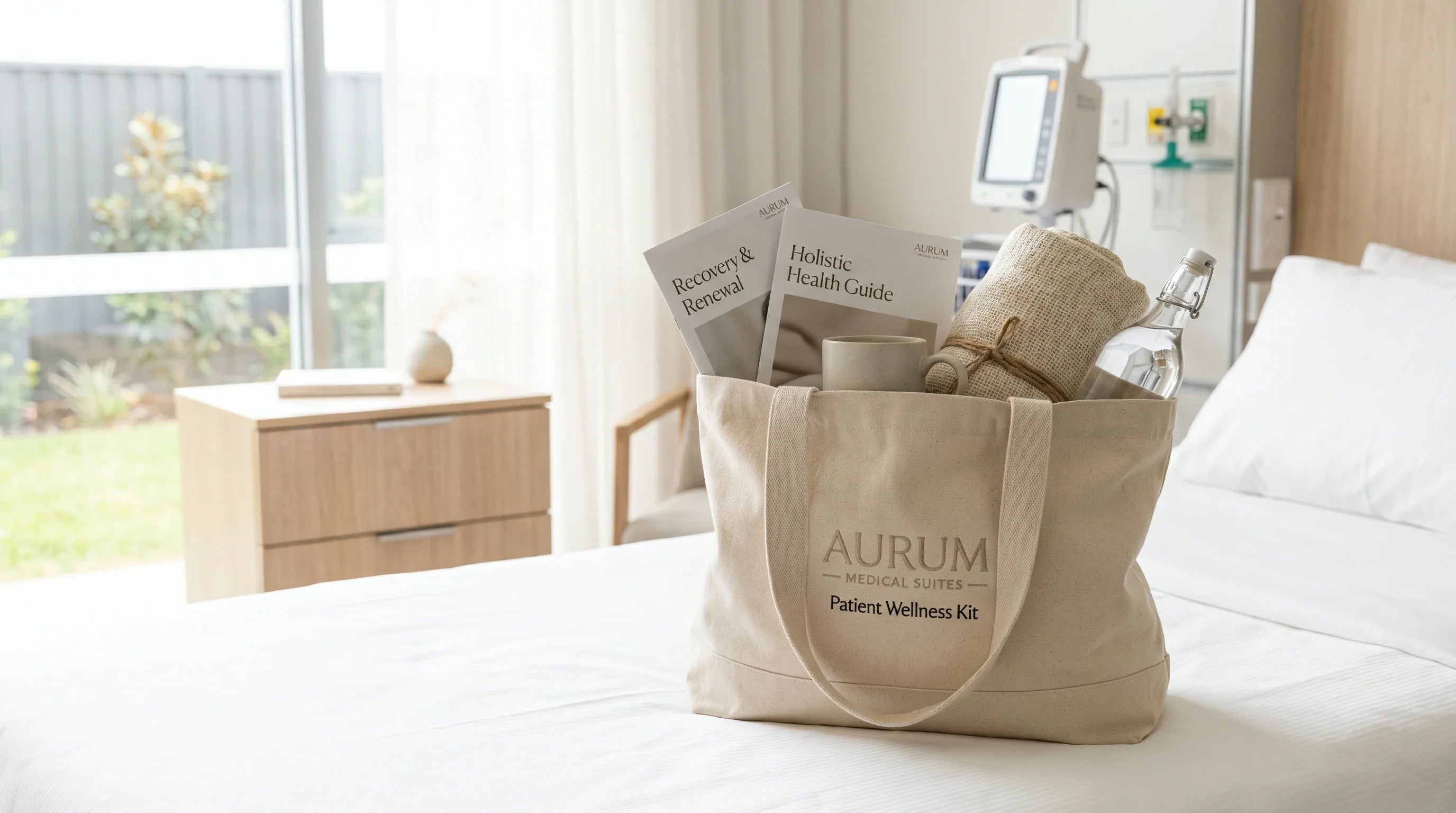 A premium patient care kit inside a beautiful custom tote bag resting on a clean hospital bed.