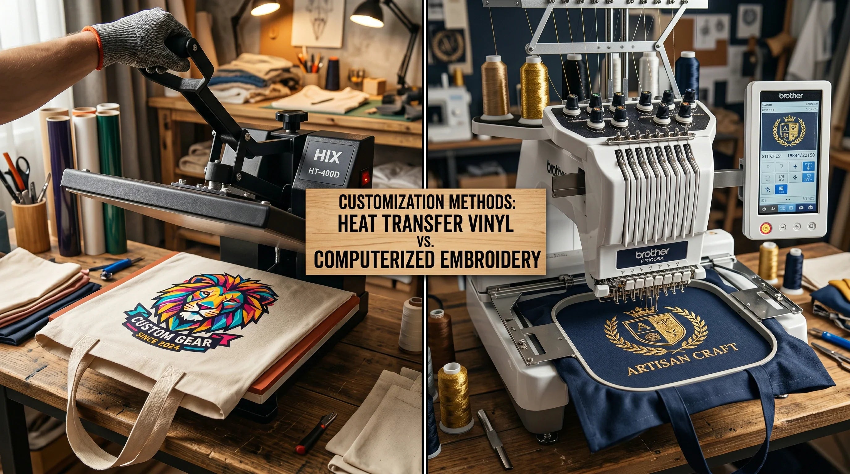 A side-by-side comparison of a colorful heat transfer design and a premium embroidered logo on custom tote bags.