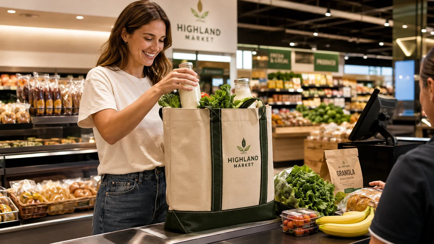 A customer packing heavy groceries into a sturdy custom canvas tote bag at a supermarket checkout.