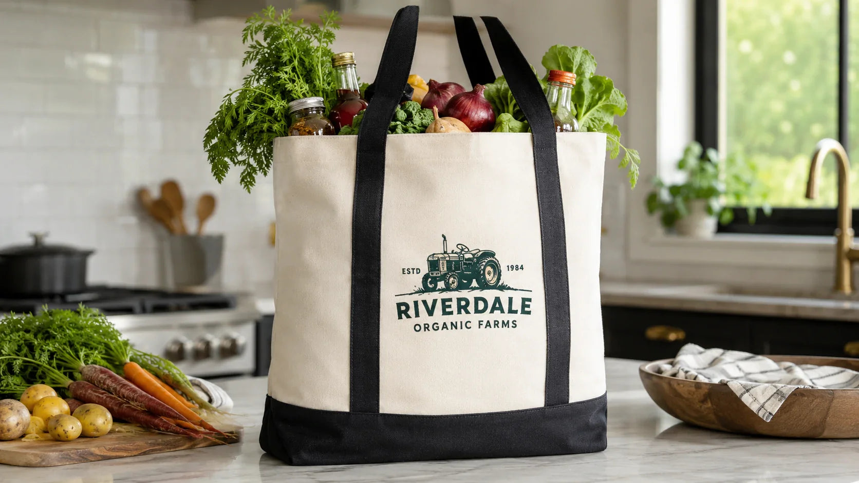 Heavy duty custom printed tote bags filled with heavy groceries