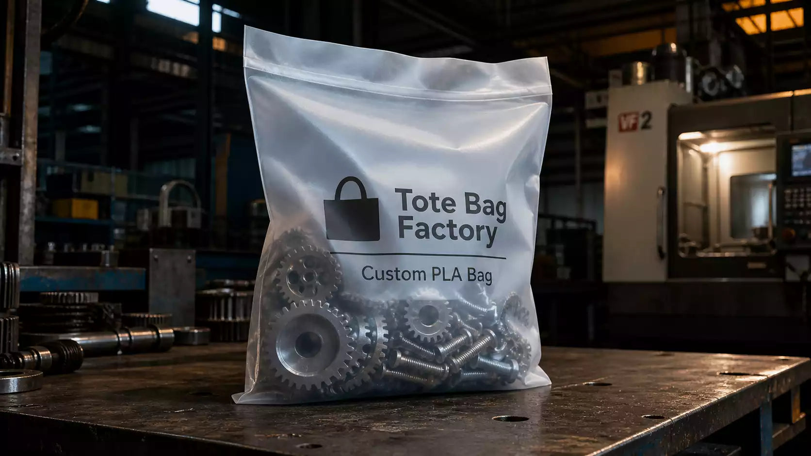 Heavy metal gears and screws safely contained within a durable Custom PLA Bag.