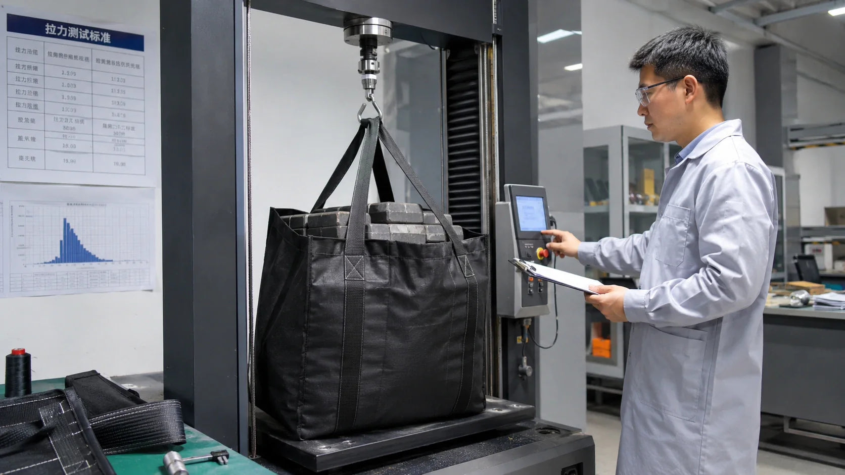 A Chinese quality control inspector at Tote Bag Factory conducting a heavy-duty load test on a custom reusable bag.