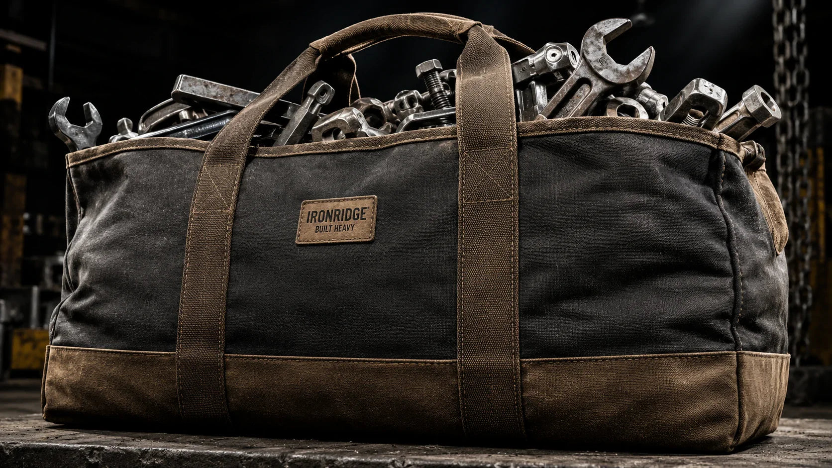 A heavy-duty tote hercules bag effortlessly carrying heavy industrial hardware.
