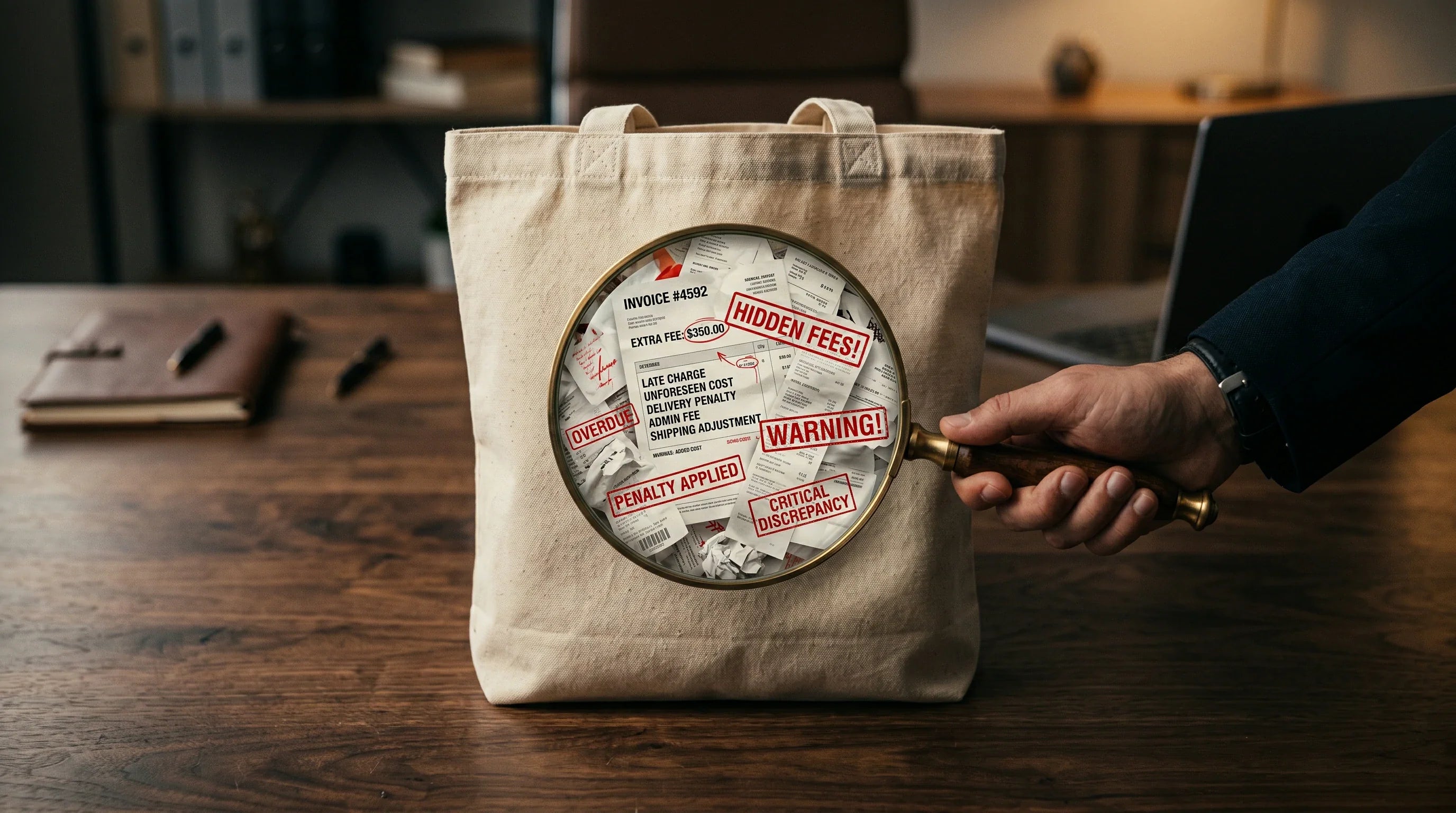A magnifying glass inspecting a cheap custom tote bag to reveal hidden invoices and extra fees.