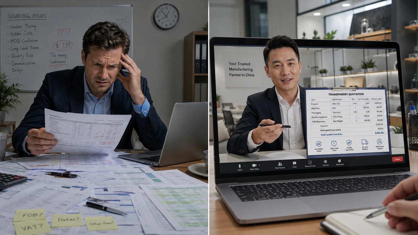 A B2B procurement manager analyzing the true landed costs of overseas sourcing with a Chinese factory representative.