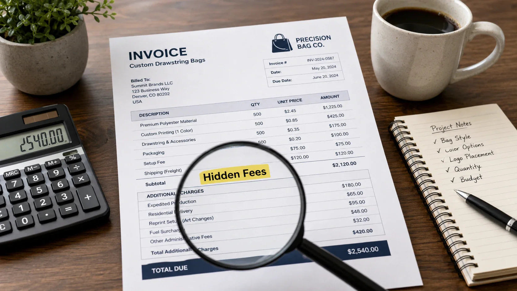Analyzing a factory invoice to uncover hidden fees for custom drawstring bags.