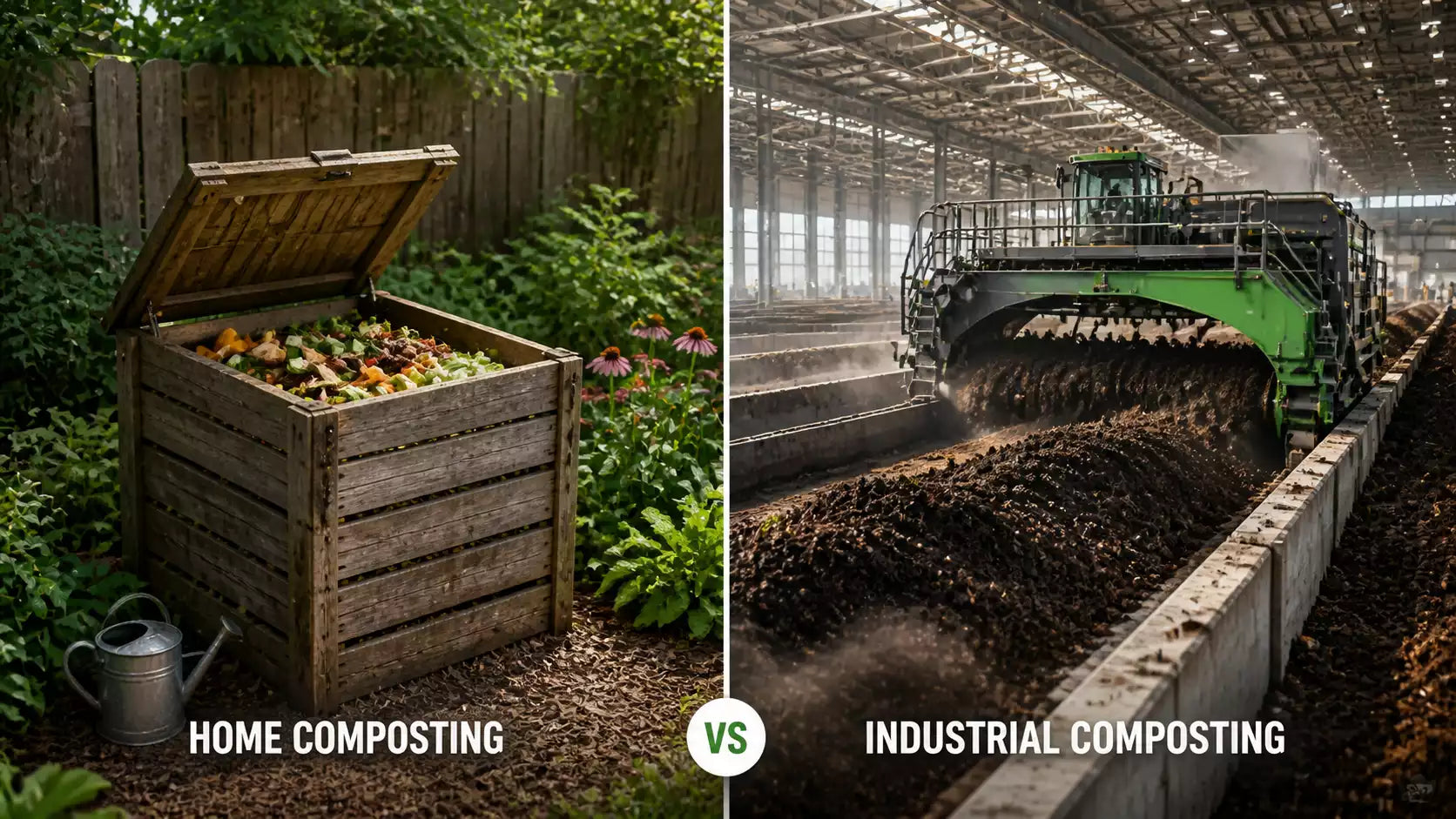 A split screen showing a small backyard compost bin versus a massive industrial composting facility.