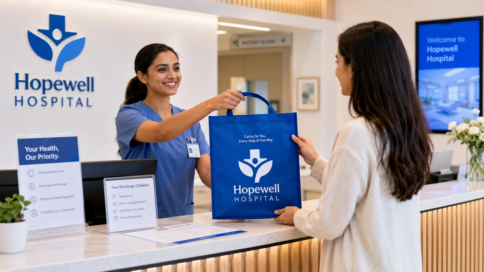 A nurse handing branded custom non woven tote bags to a patient at a hospital discharge desk.