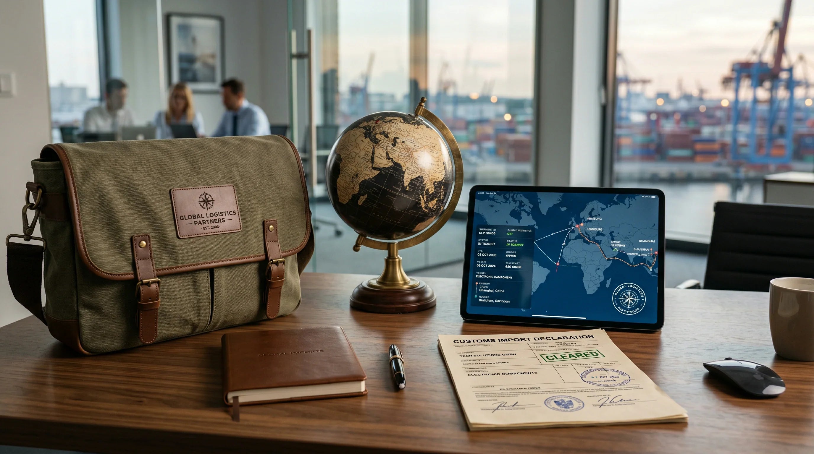 A conceptual image representing international trade, featuring a custom tote bag, a globe, and shipping documents.