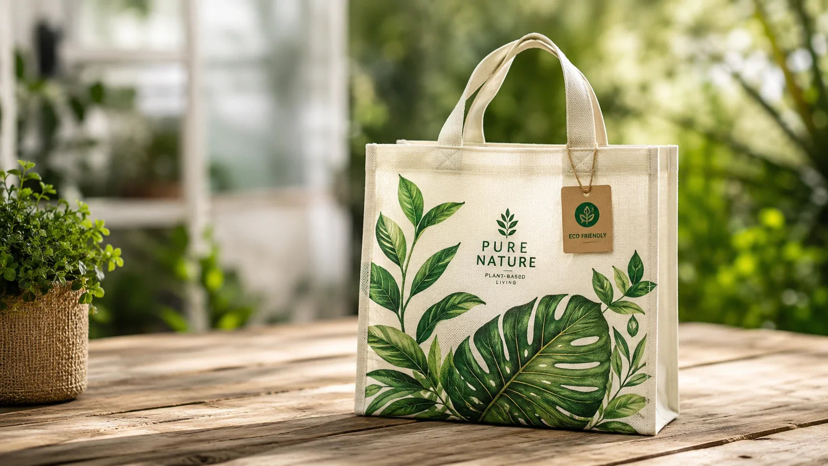 A premium imprinted eco-friendly non woven tote bag showcasing modern botanical branding.