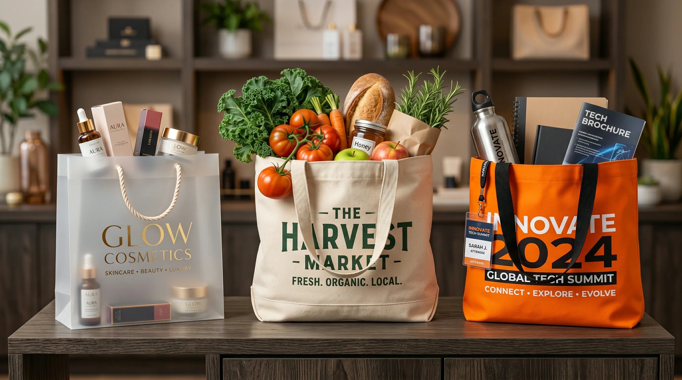 A dynamic collage showing different custom shopping bags used in fashion boutiques, grocery stores, and corporate trade shows.