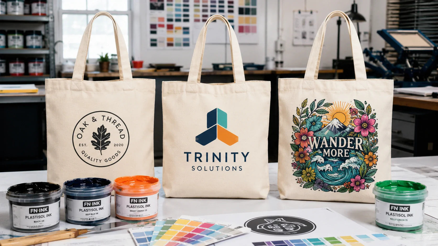 Multiple custom tote bags displaying 1-color, 2-color, and full-color prints next to ink buckets.