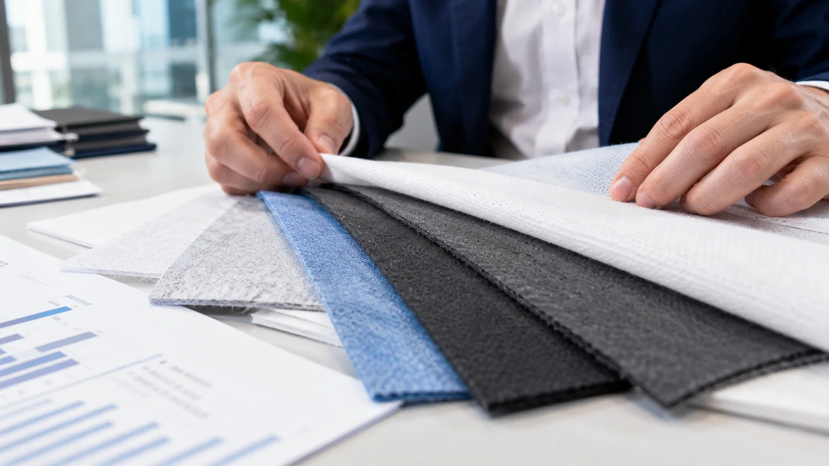 B2B purchasing manager inspecting the GSM thickness of non woven tote bag material.