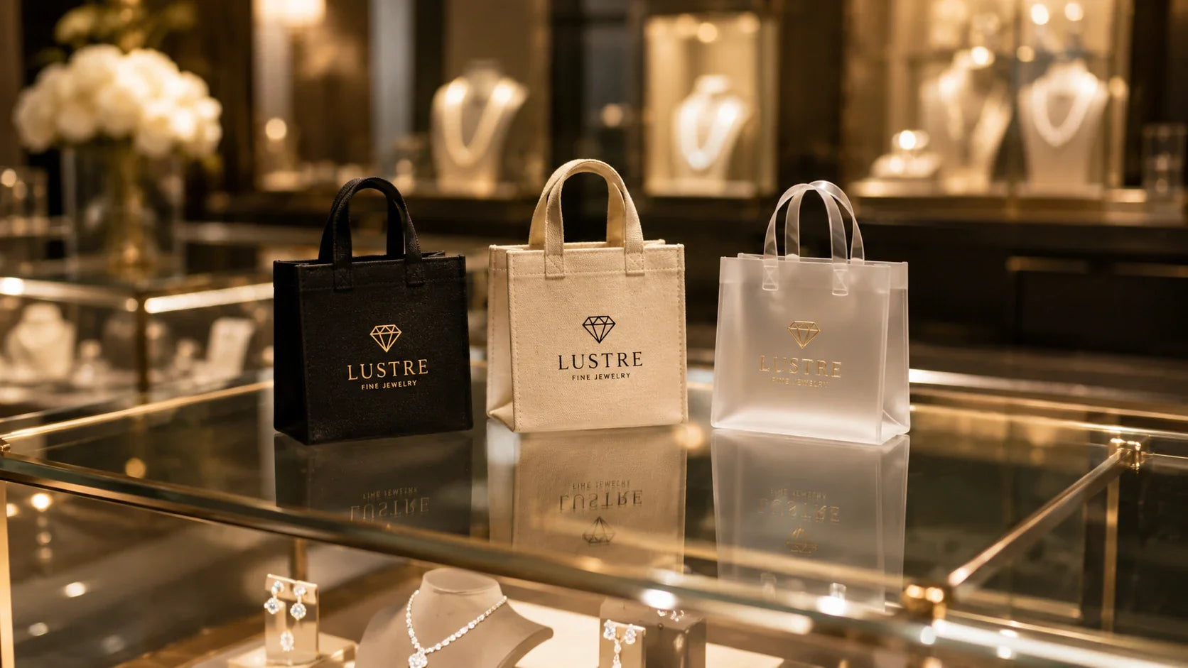 A stunning display of elegant custom shopping bags resting on a glass display case inside a high-end luxury jewelry store.