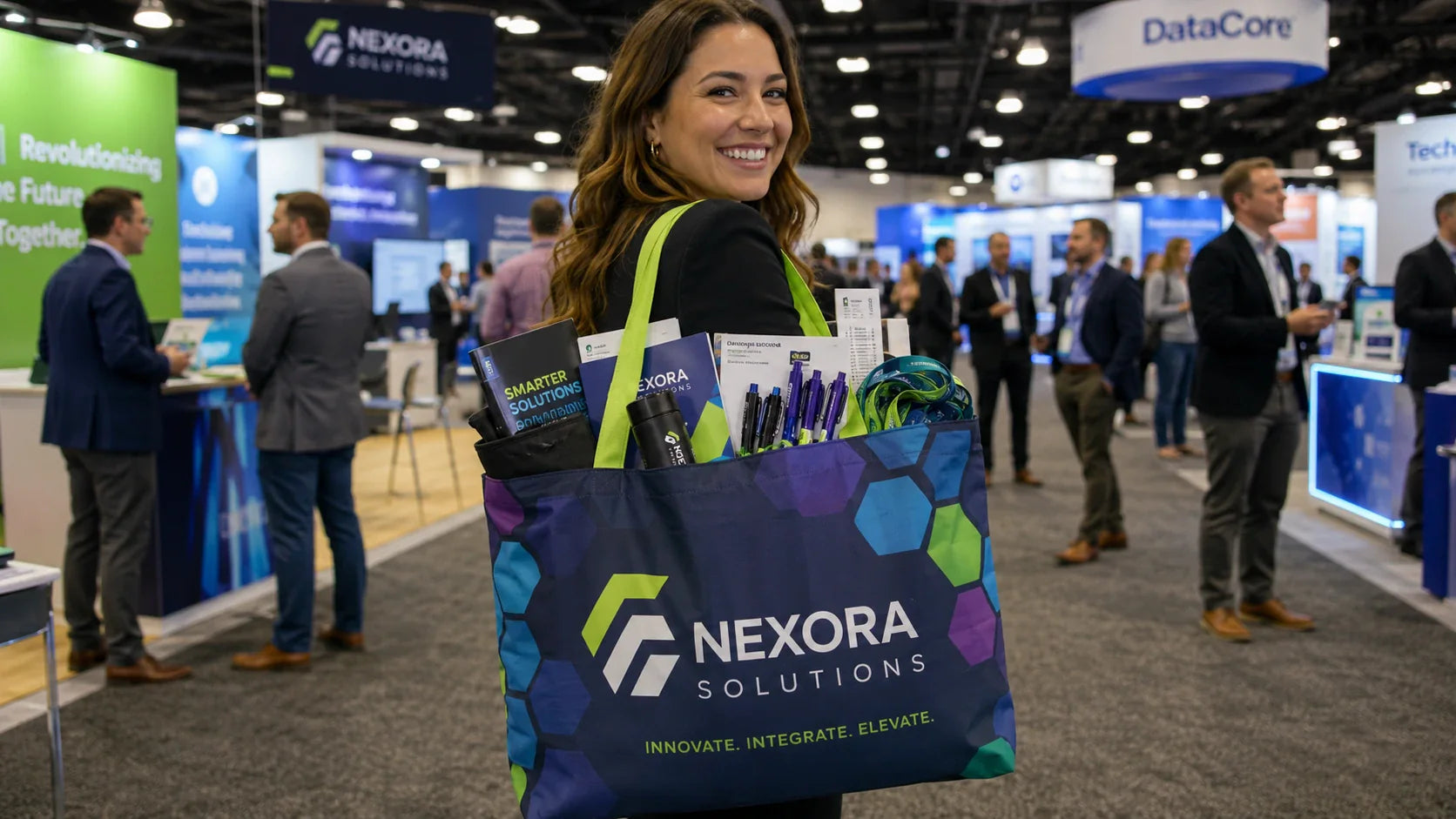 A business professional carrying a prominent large recycled tote bag at a busy corporate trade show.