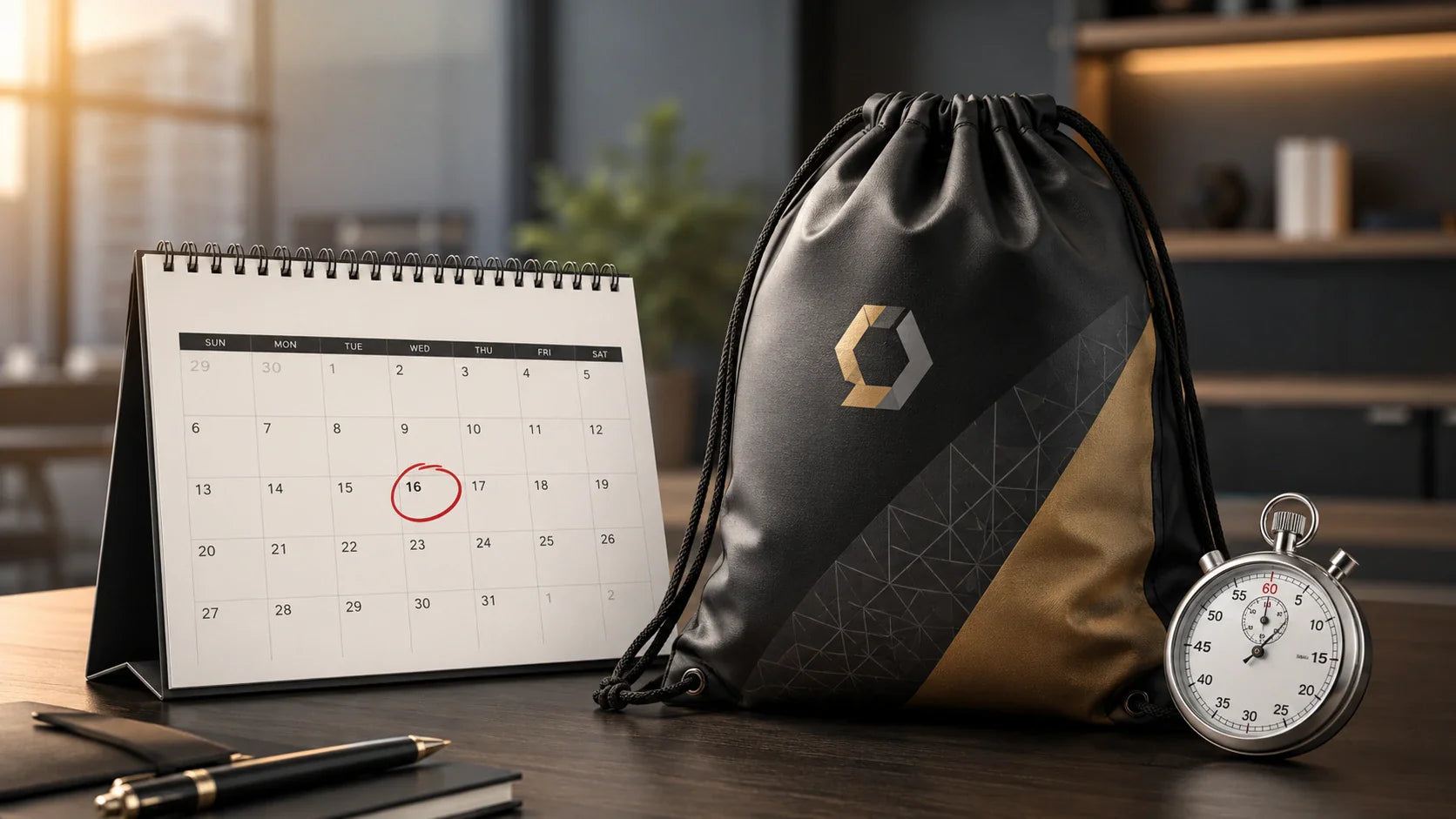 Calendar and stopwatch highlighting manufacturing lead times for custom printed drawstring bags.