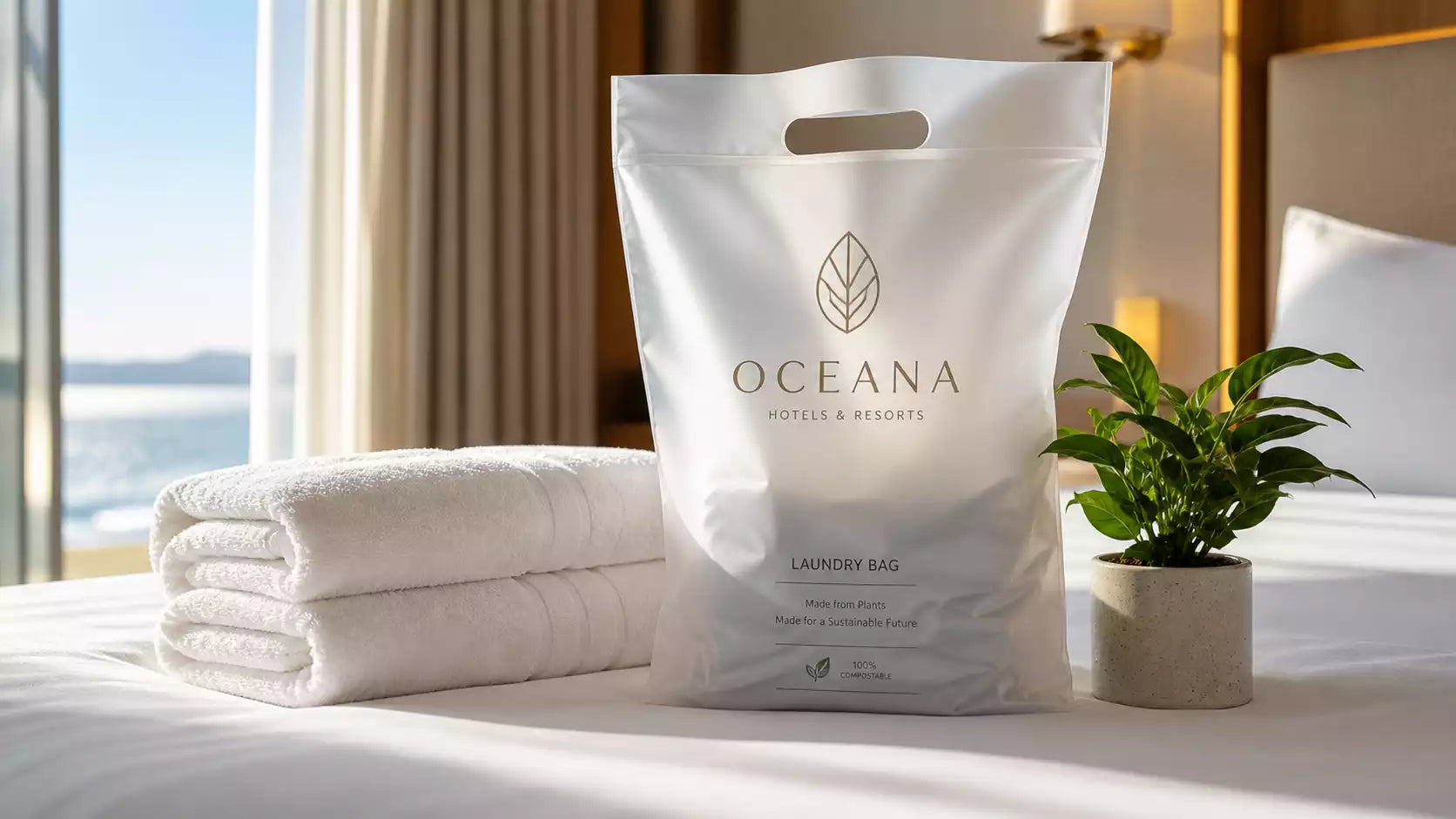 A pristine, eco-friendly Custom PLA laundry bag resting on a luxurious hotel bed.
