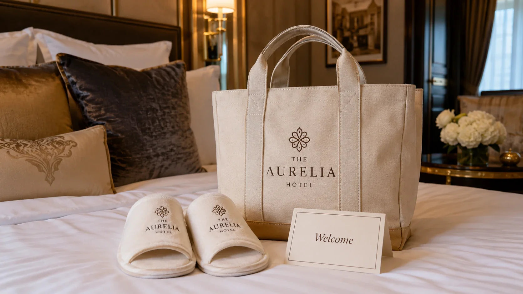 A premium custom canvas tote bag displayed as a welcome gift on a bed in a luxury hotel suite.