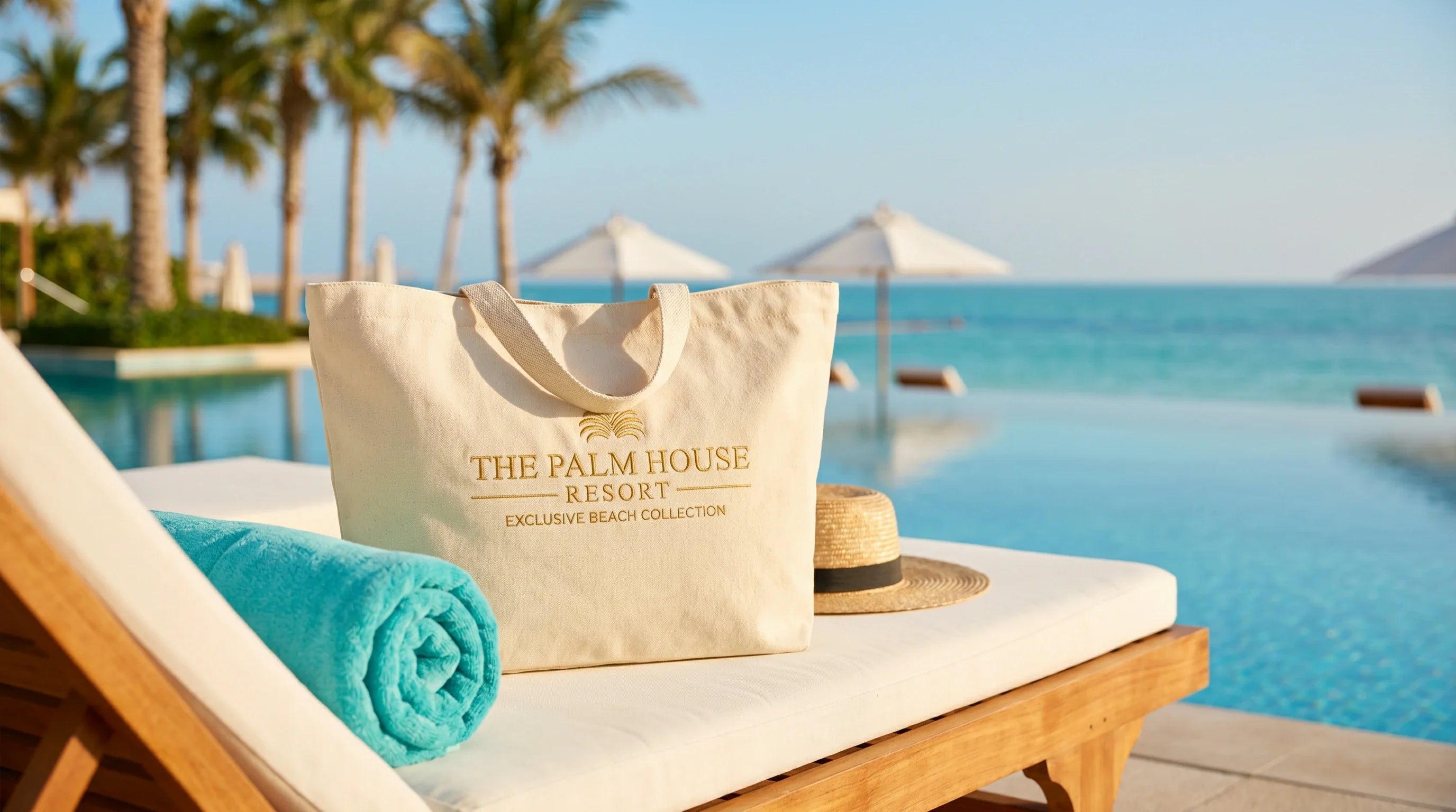 A luxurious beach resort setting featuring a premium branded custom tote bag resting on a sun lounger.