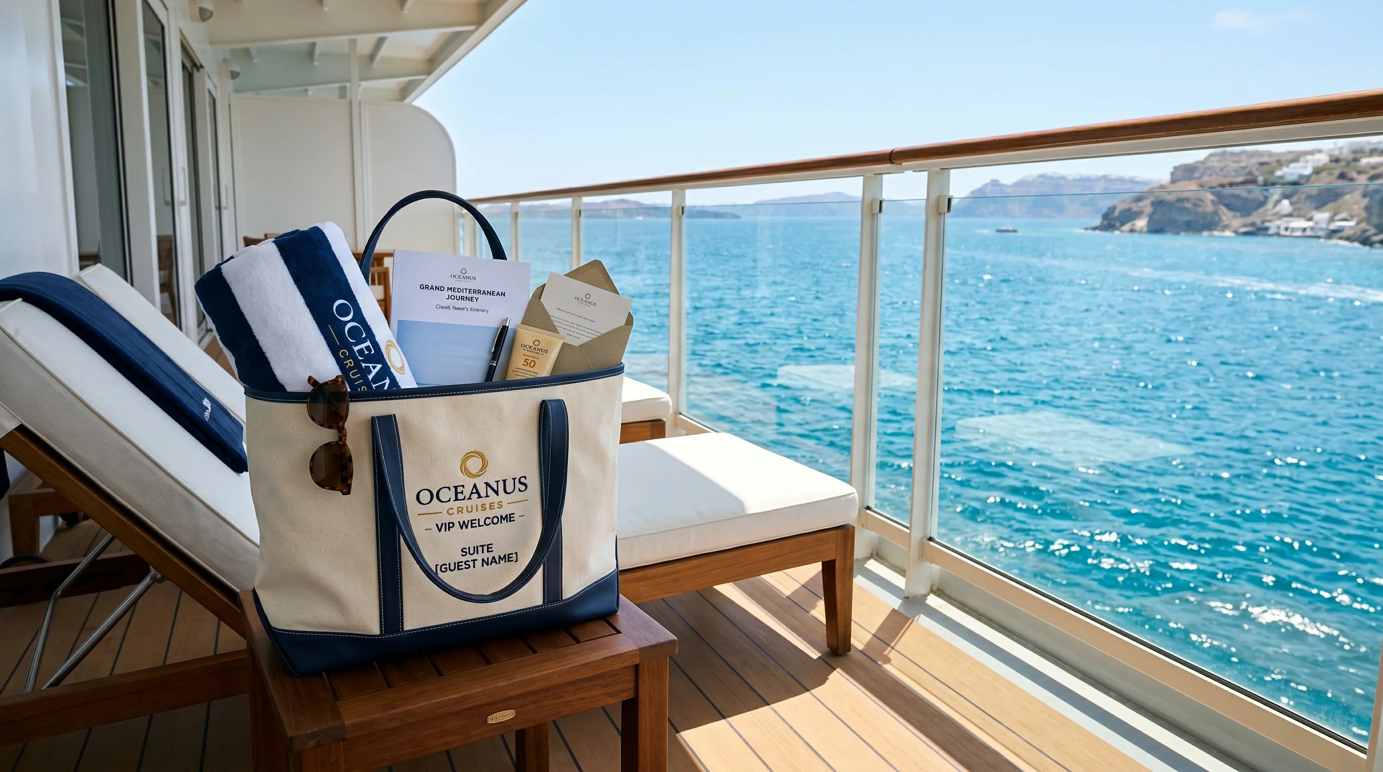 A premium custom tote bag filled with travel essentials resting on the balcony of a luxury cruise ship suite.