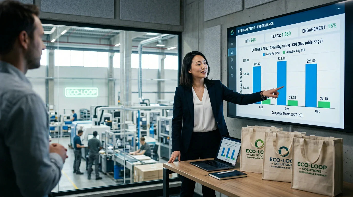 A professional Chinese factory manager at Tote Bag Factory presenting an ROI comparison between digital ads and reusable bags.