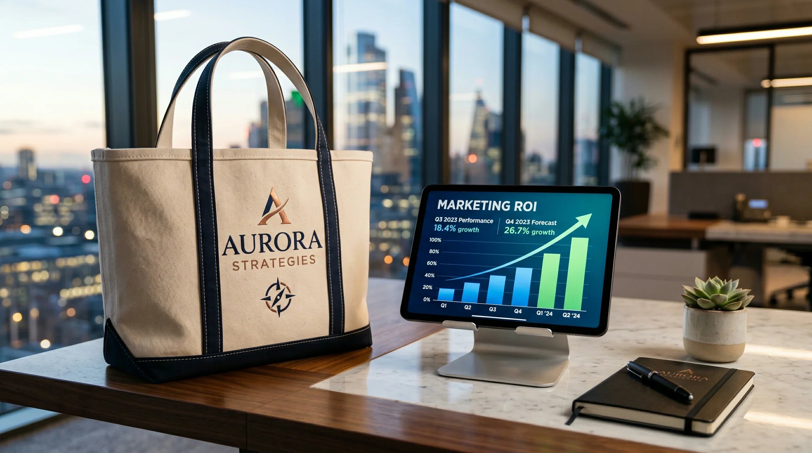 A visual representation of marketing ROI showing a premium custom shopping bag next to an upward trending financial chart.