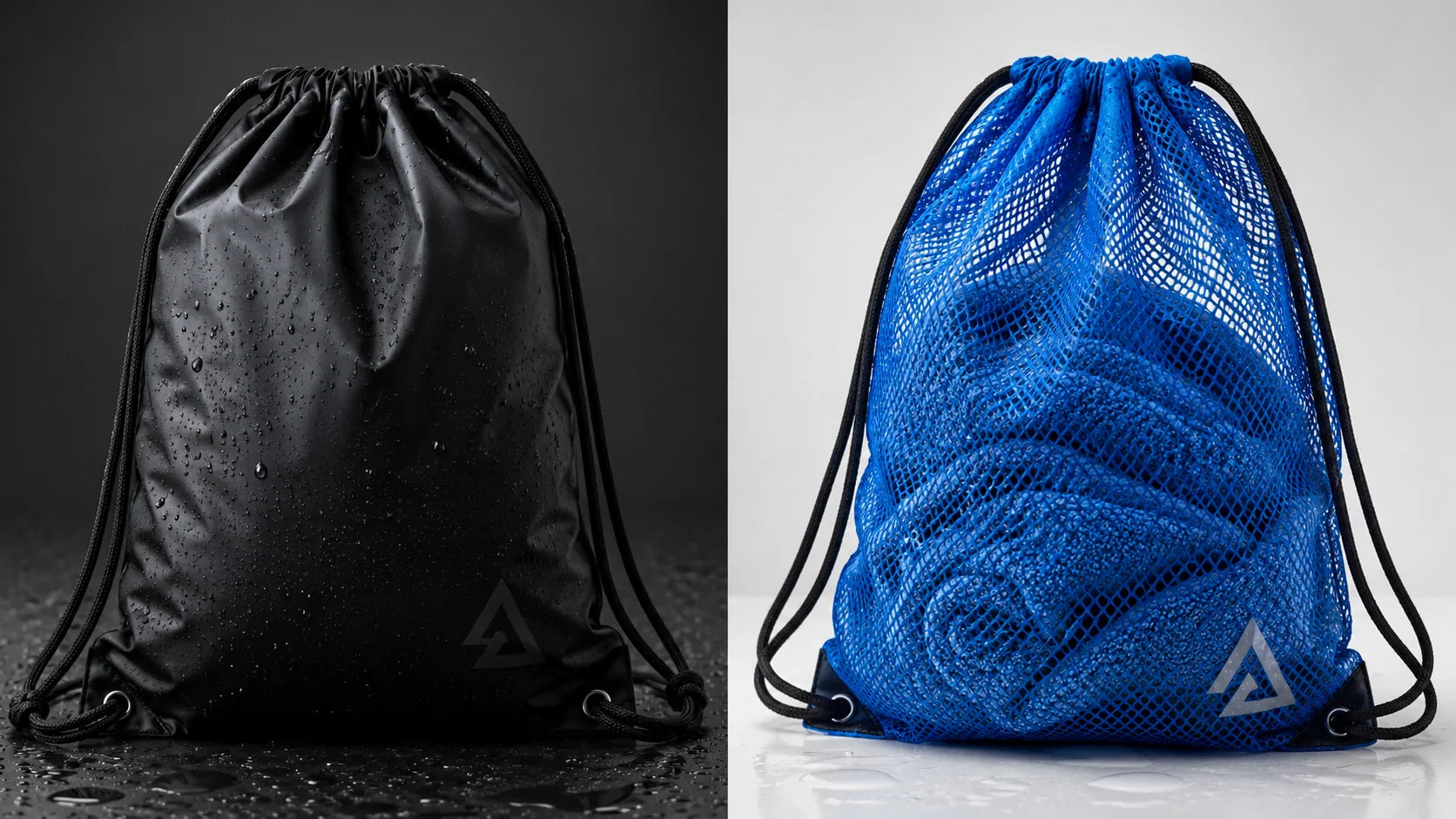 Comparing solid waterproof fabric versus personalized mesh drawstring bags for athletic gear.