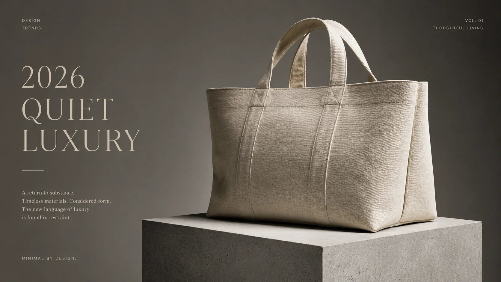 A premium, minimalist heavy-duty custom canvas tote bag displayed on a concrete pedestal.