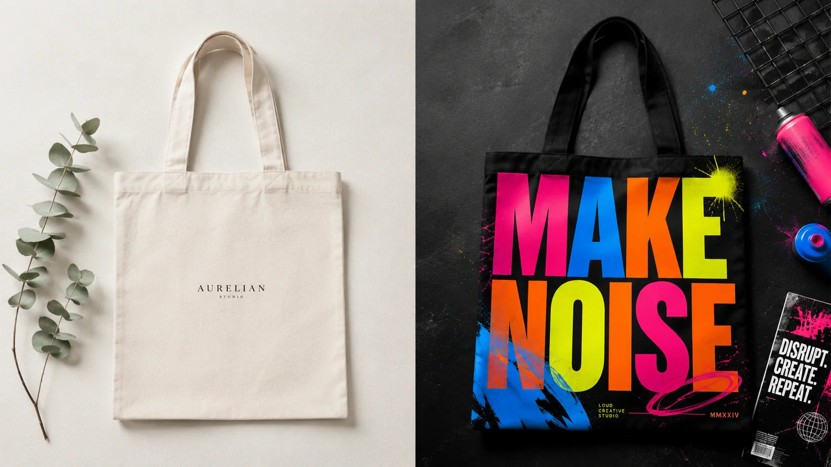A side-by-side comparison of minimalist and bold design trends on custom tote bags for 2026.