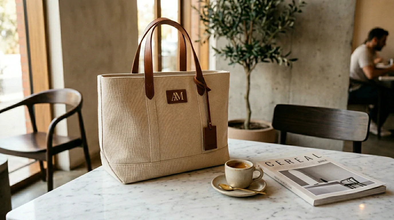 A premium custom canvas tote bag featuring an elegant monogram on a sleek marble table.