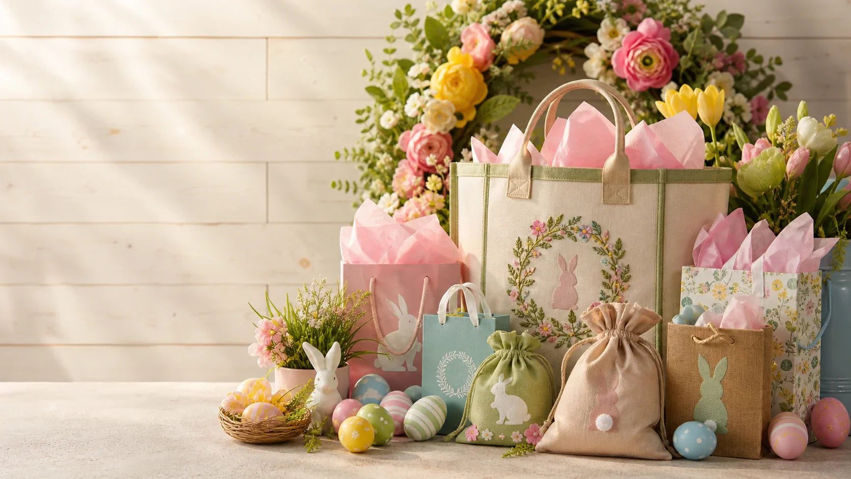 Bolsas de regalo de Pascua con monograma que se muestran como una colección de productos B2B coordinada.