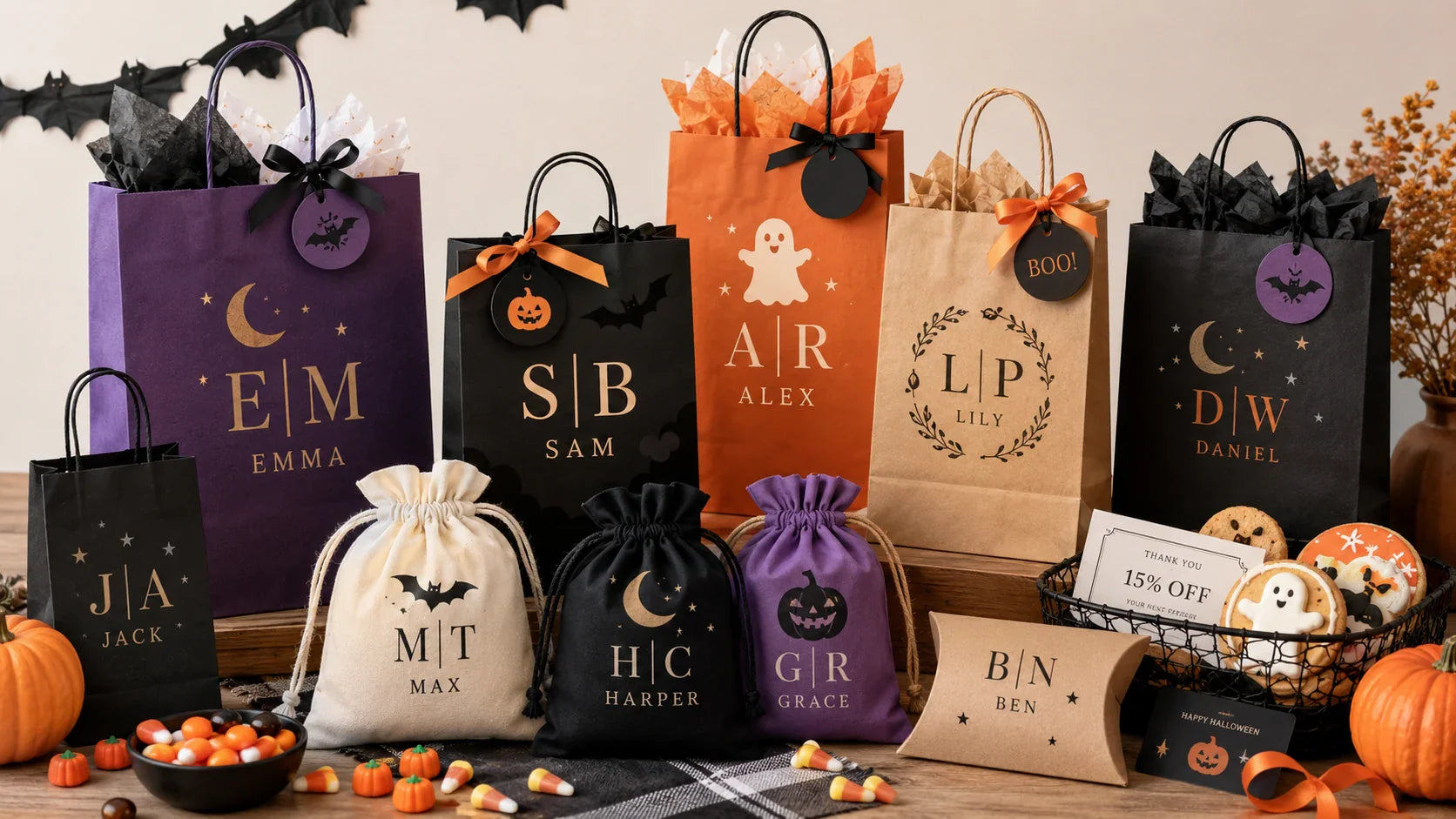 Monogrammed Halloween treat bags for gifts parties and brand events