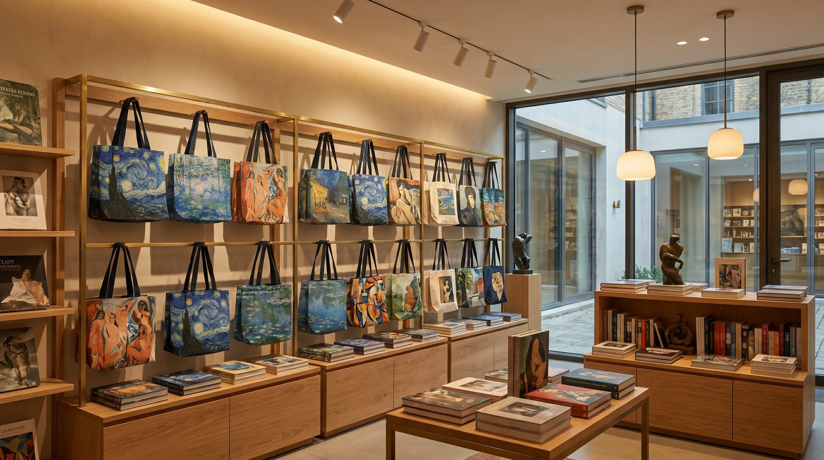 Premium custom tote bags featuring famous artworks displayed in a high-end museum gift shop.