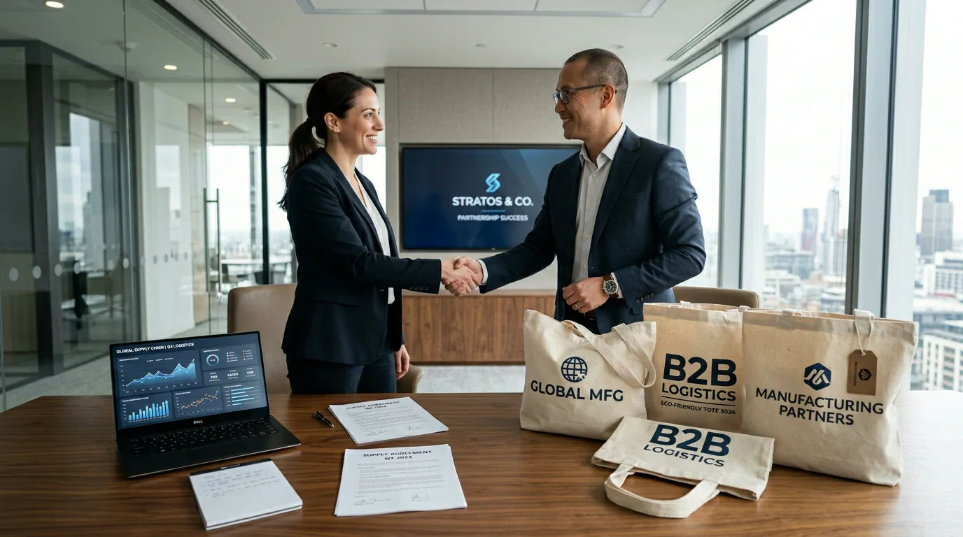 A professional B2B procurement team reviewing pricing contracts and canvas bag samples during a negotiation.