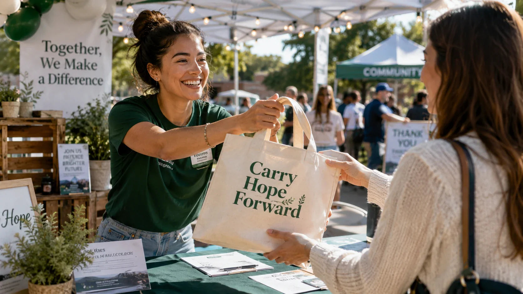 A passionate volunteer handing out a premium custom canvas tote bag at a charity fundraising event.