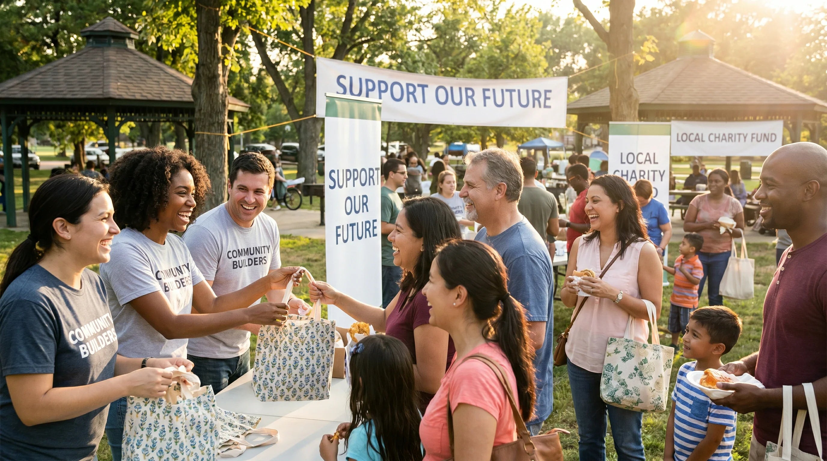 Volunteers handing out custom tote bags at a charity fundraising event.