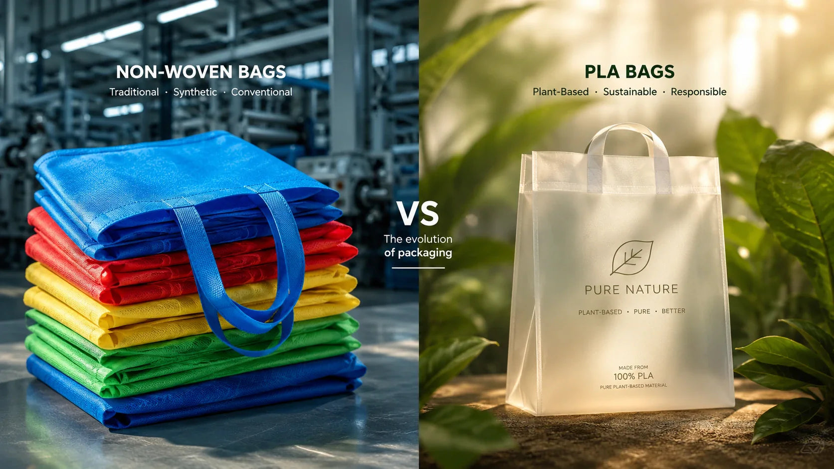 Visual comparison of traditional non-woven shopping bags versus the future 100% biodegradable custom PLA bag.