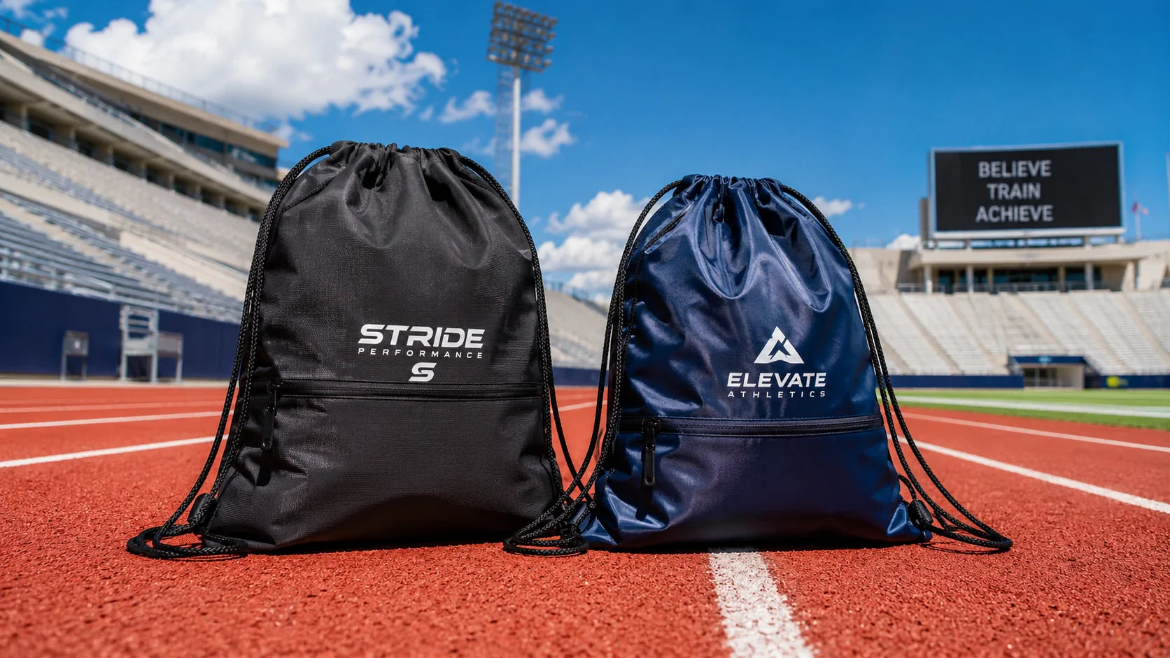 Comparing nylon and polyester custom drawstring backpacks on a sports running track.