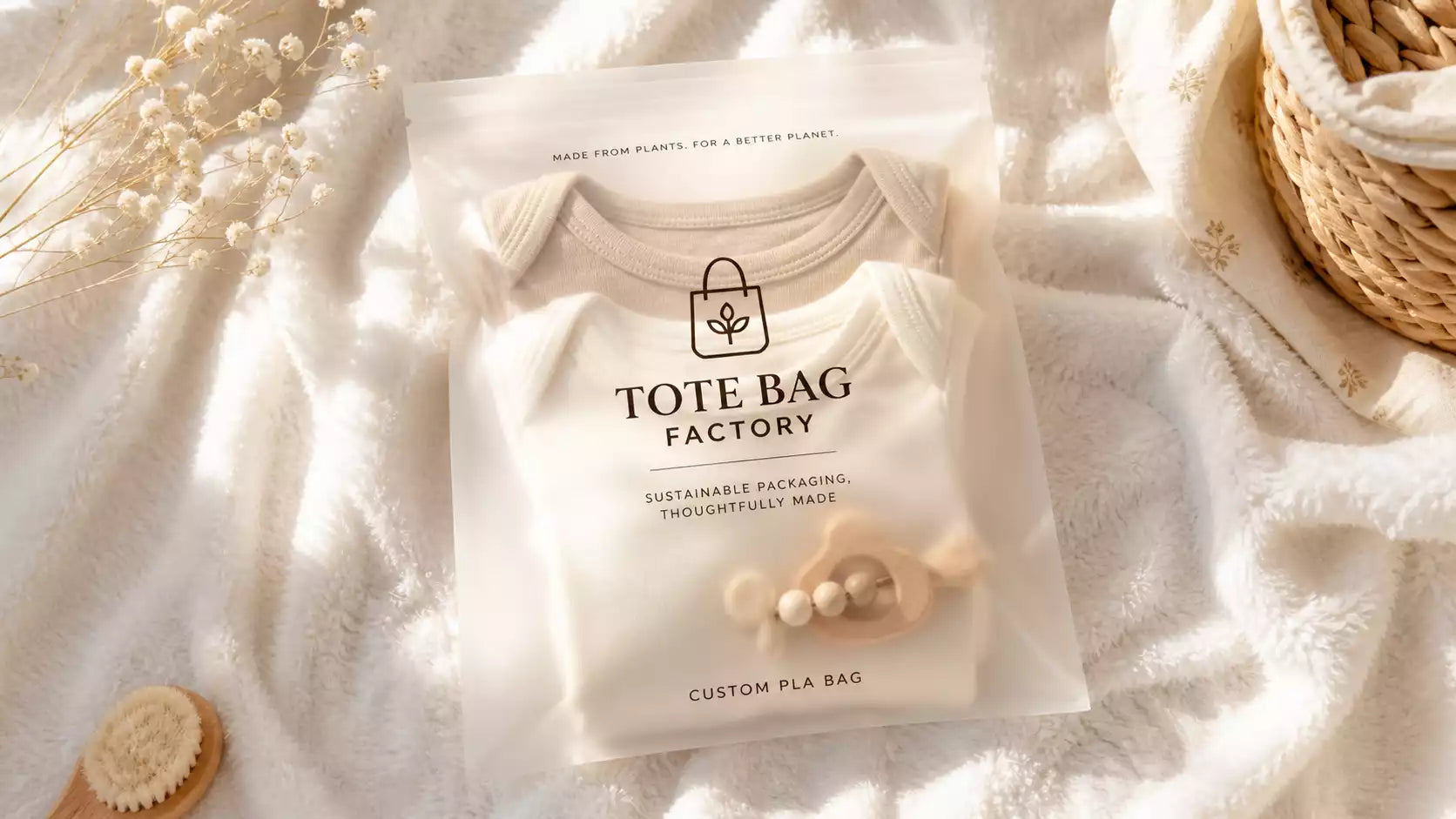 Soft organic cotton baby clothes beautifully packaged inside a frosted Custom PLA Bag.