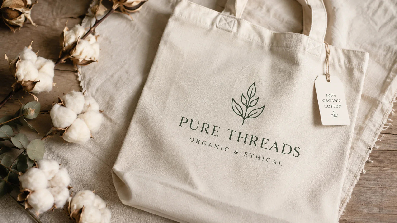 Raw organic cotton pods next to organic custom printed tote bags