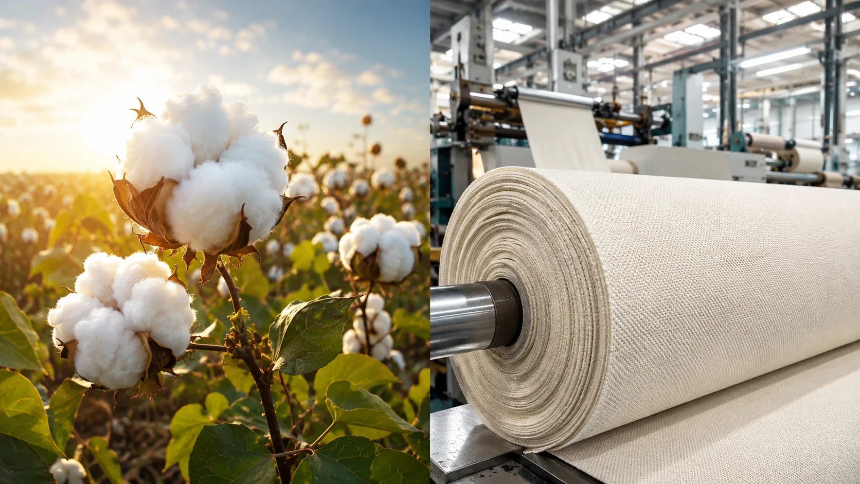 A conceptual comparison showing an organic cotton plant and a roll of heavy-duty traditional woven canvas.
