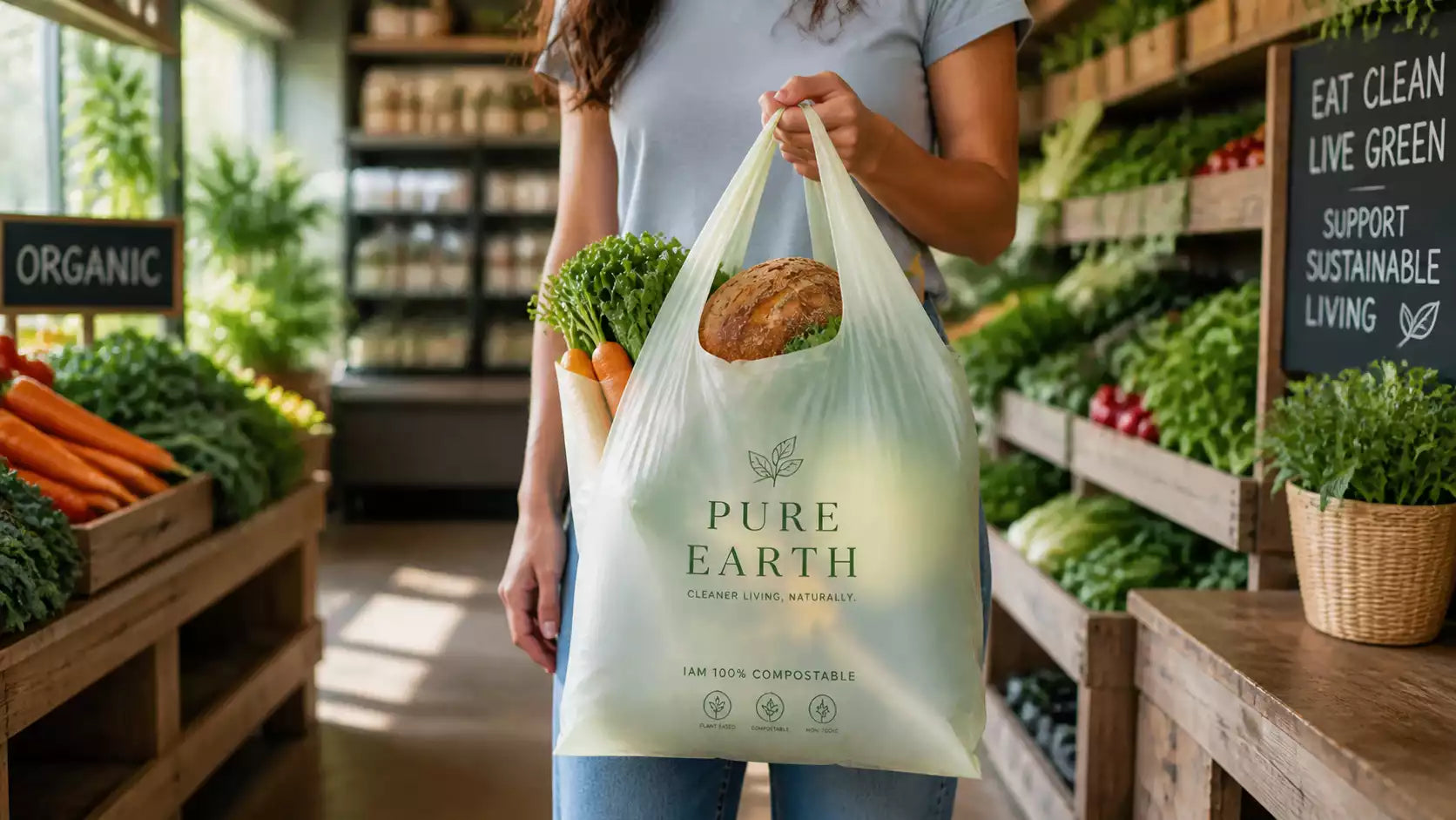 Customer holding a Custom PLA Bag filled with fresh organic produce.